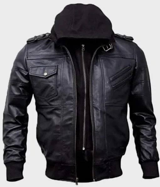 Mens Black Leather Bomber Jacket With Hood