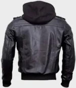 Back view of Men's Black Hooded Bomber Leather Jacket