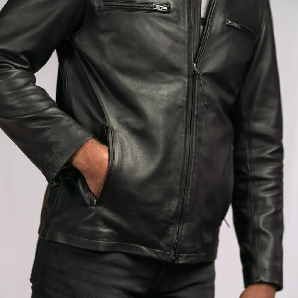 Black Motorcycle Jacket Leather - Close-Up