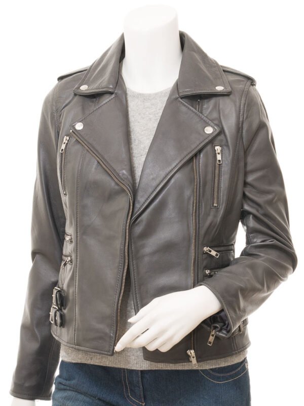 Grey Leather Biker Jacket Womens