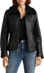 Leather Biker Jacket With Faux Fur Collar 2