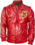 Leather bomber jacket red front view