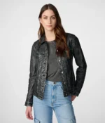 Leather denim jacket womens front view