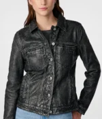 Model in leather denim jacket womens front view