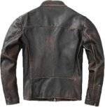 Back view of a black leather motorcycle jacket with multiple zipper pockets.