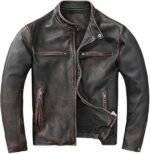 Black leather motorcycle jacket with distressed finish and striped sleeves.