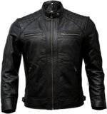 Mens Black Leather Motorcycle Jacket - Front View