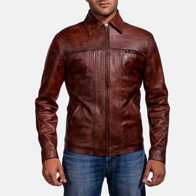 Men's distressed brown leather motorcycle jacket with a shirt-style collar and zipper closure.
