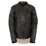 Stylish women’s motorcycle jacket with protective gear.