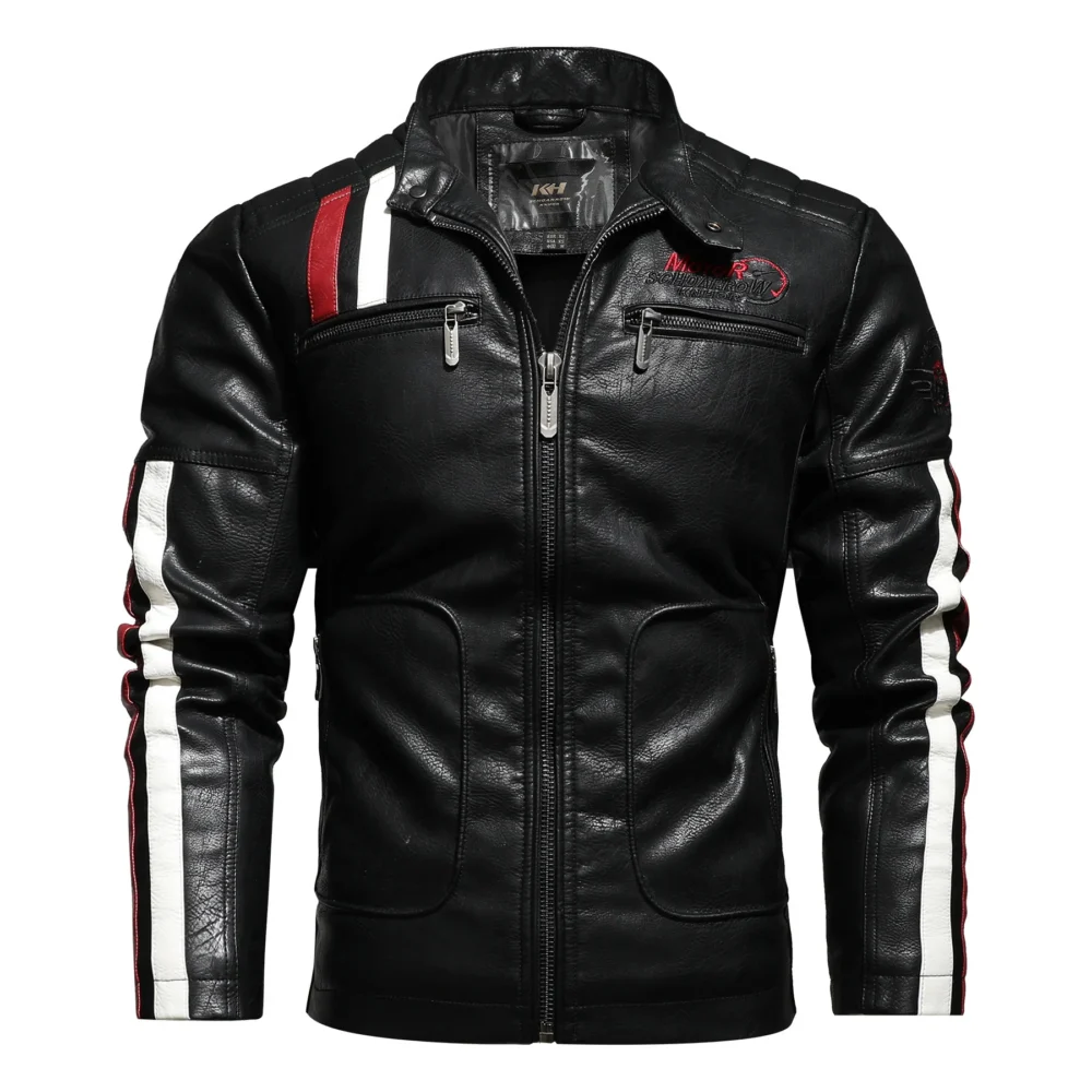 Men's black sheepskin leather motorcycle jacket with quilted padding and a zip closure.