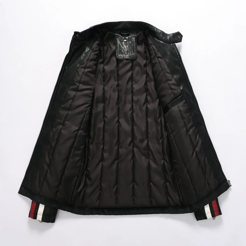 Open front view of a men's black sheepskin leather motorcycle jacket, revealing the quilted lining.