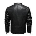 Back view of a men's black sheepskin leather motorcycle jacket with decorative seams.