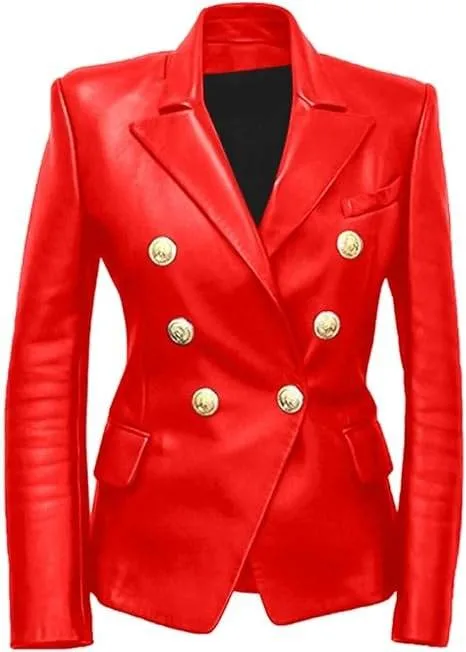 Red Leather Blazer Ladies - Front View
