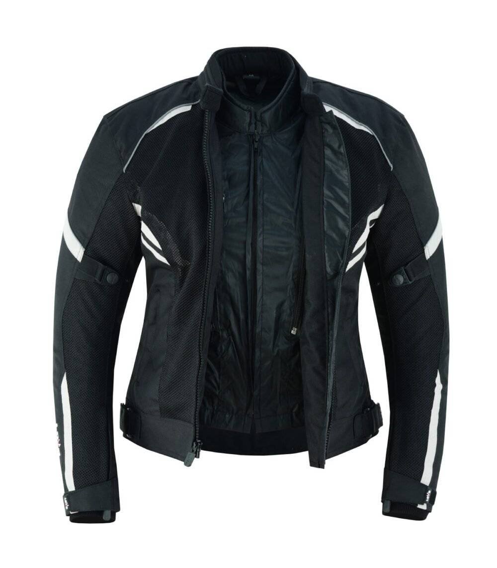 Summer motorcycle womens jacket with open closure, showcasing the removable thermal lining and adjustable sleeves.