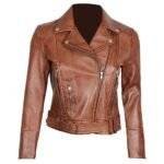Women's brown leather motorcycle jacket with zip closure and stylish collar.