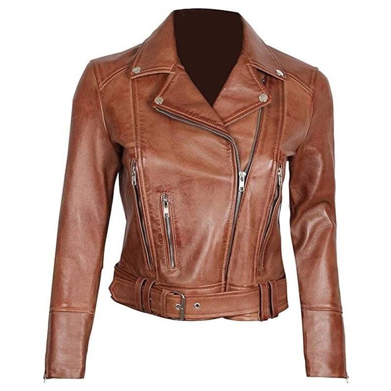 Women's brown leather motorcycle jacket with zip closure and stylish collar.