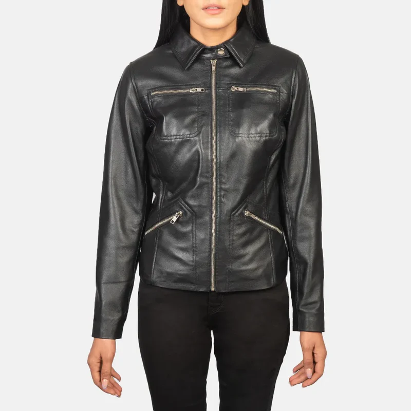 Women's black leather motorcycle jacket with a shirt collar and zipper closure.