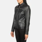 Right side view of a women's black leather motorcycle jacket with zippered pockets and open hem cuffs.