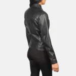 Back view of a women's black leather motorcycle jacket with zippered pockets.