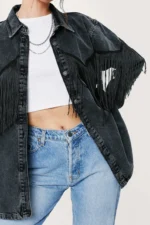 Black denim plus size jacket front view