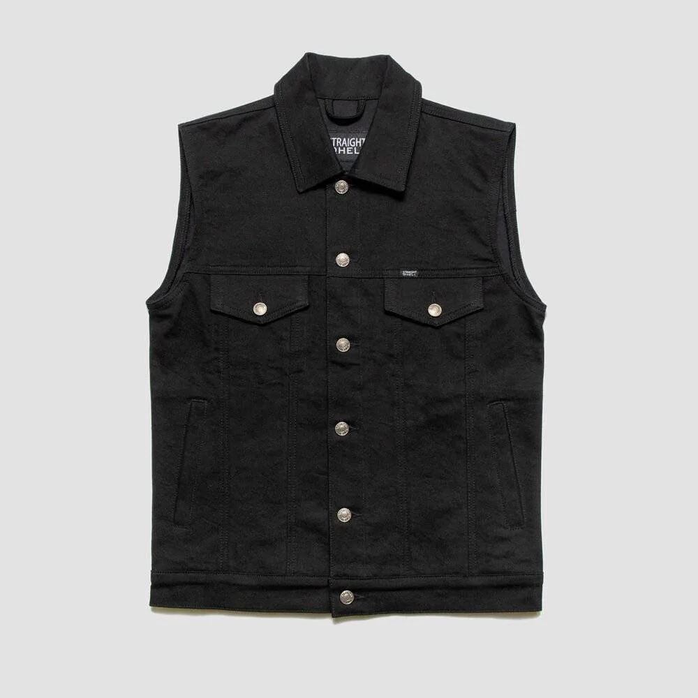 Black denim vest mens front view