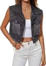 Black denim vest womens front view