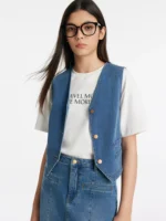 Cropped denim vest front view