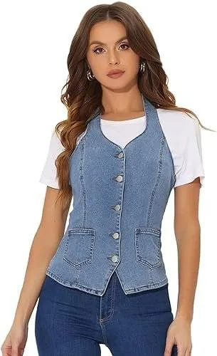 Denim halter vest front view