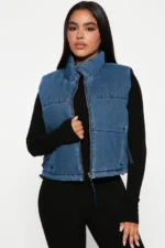 Denim puffer vest front view