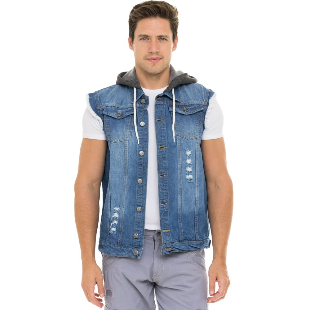 Men Denim Hooded Vest Biker Jean Vest With Sleeveless Hood Jacket with crossed washed denim, two chest pockets, and a lapel collar.