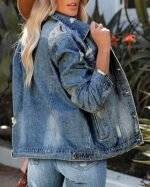 Womens distressed denim jacket back view