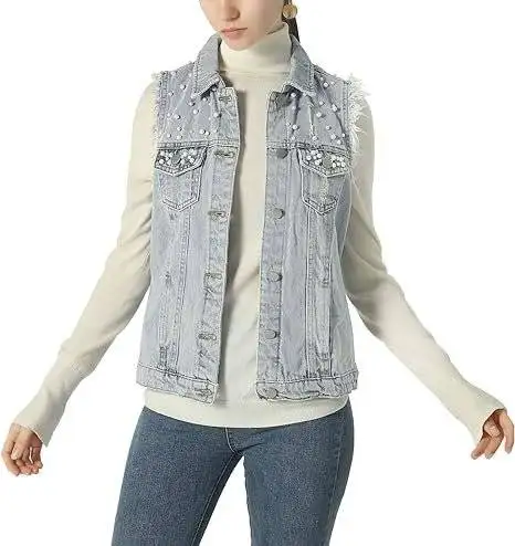 Model in ladies denim vest front view