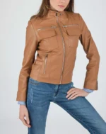 Ladies Tan Leather Jacket - Front View