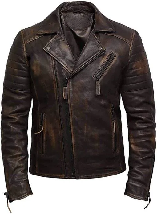 Mens Biker Jacket Brown - Front View