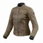 Women’s motorcycle jacket paired with riding pants and gloves.