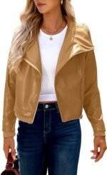 Tan Leather Jacket Womens Clothing on Model - Front View