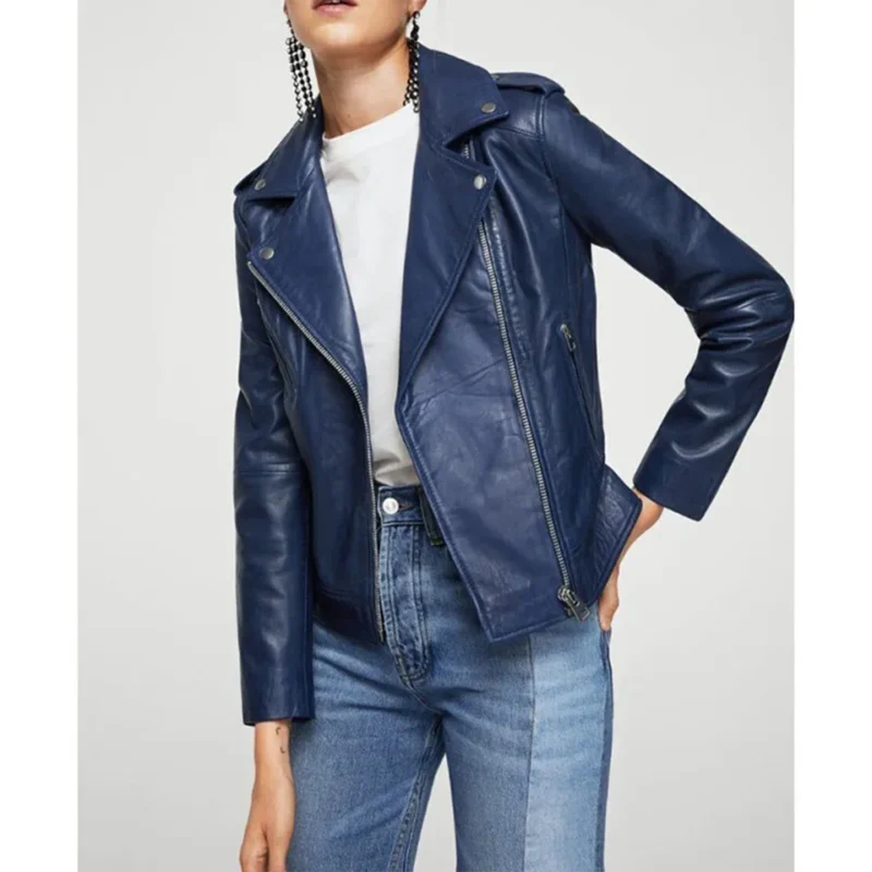 Blue Leather Jacket For Ladies