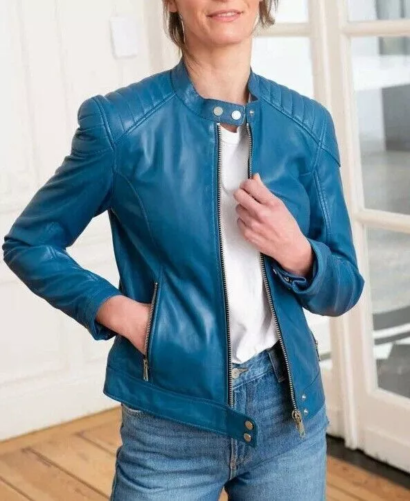 Blue Leather Jacket Women