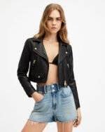 Elora Cropped Leather Biker Jacket