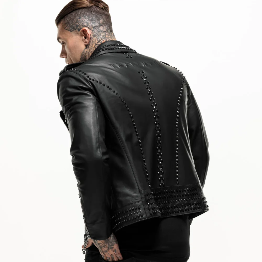 High-quality mens studded motorcycle jacket featuring intricate stud details