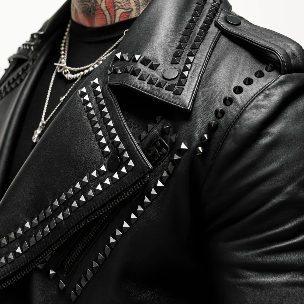 Mens studded motorcycle jacket with premium leather and stylish studs