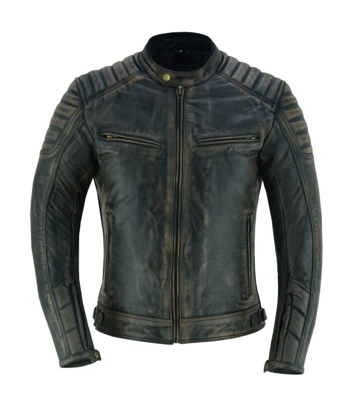 High-quality retro motorcycle jacket with distressed leather finish and comfortable fit