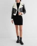 Sherpa-Lined Vegan Leather Crop Biker Jacket 3