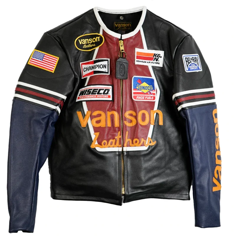 High-quality Vanson leather motorcycle jacket with a vintage look and superior abrasion resistance