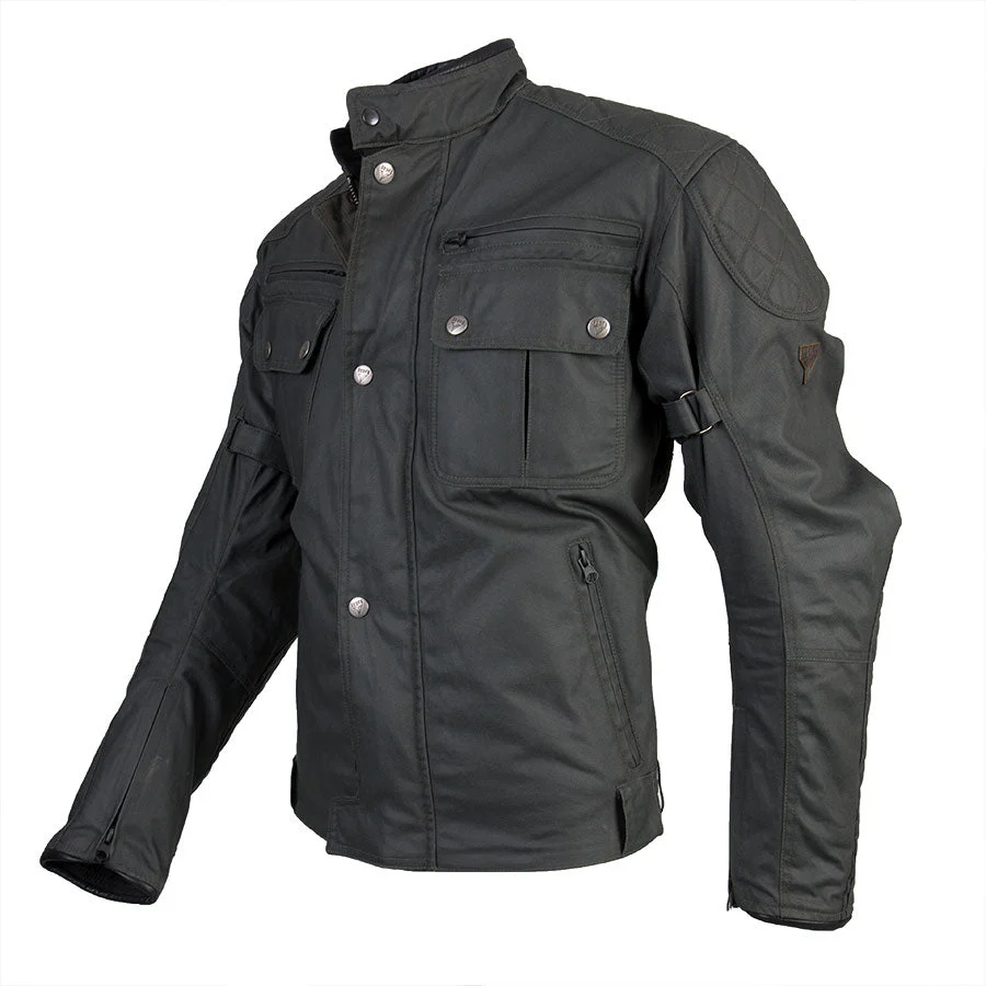 Durable waxed cotton motorcycle jacket ideal for all-weather riding with multiple pockets
