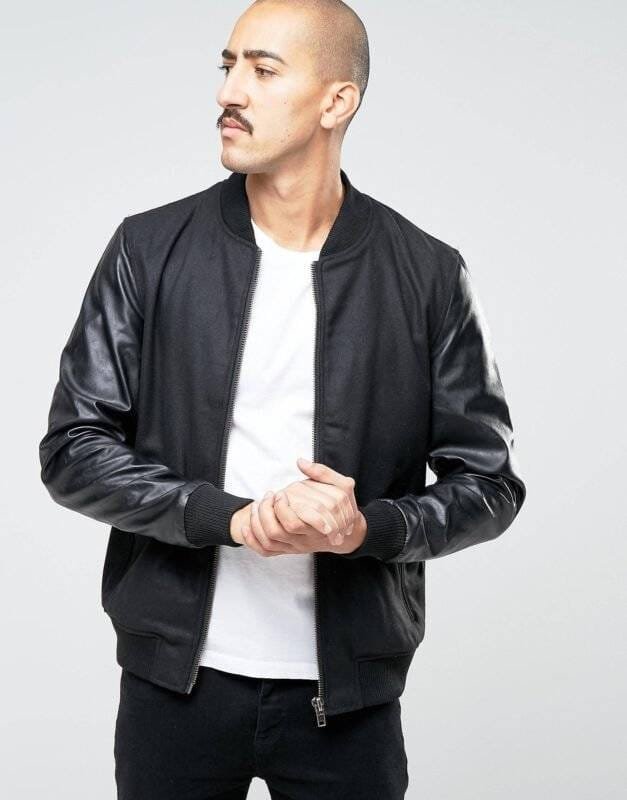 Bomber Jacket With Leather Sleeves
