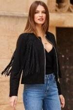 Black Suede Fringe Jacket Womens