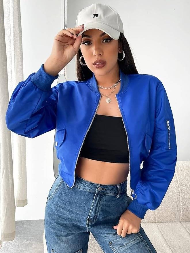 Blue Cropped Bomber Jacket