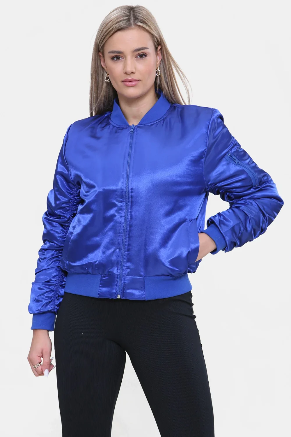 Blue Satin Bomber Jacket