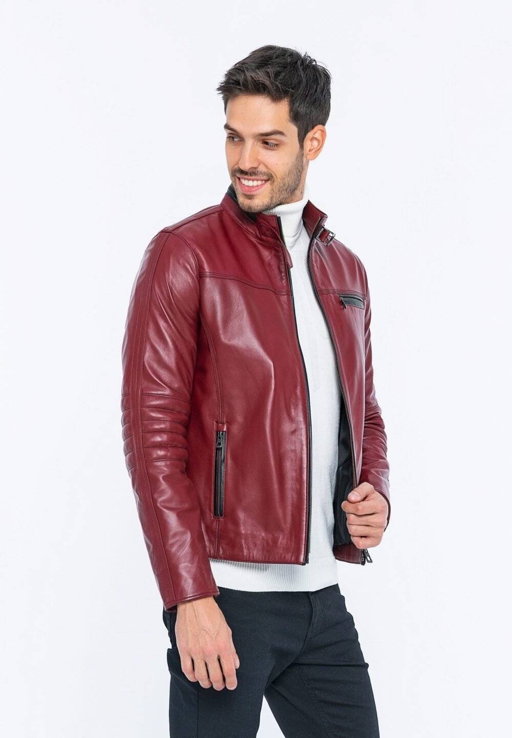 Burgundy Leather Motorcycle Jacket Mens